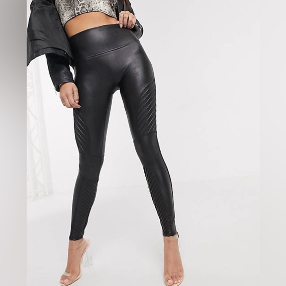 SPANX Black Leather Look Biker Leggings Size XL